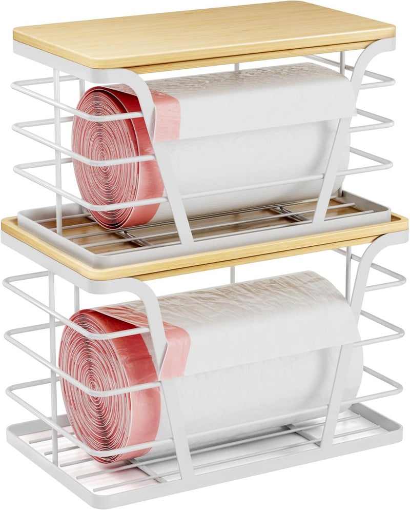 TIDIIABODE Store 2 Pack Stackable Laundry Room Organization and Storage, Laundry Room Decor and Accessories, Trash Bag Holder with Bamboo Top and Garbage Bag Dispenser, White - Image 1